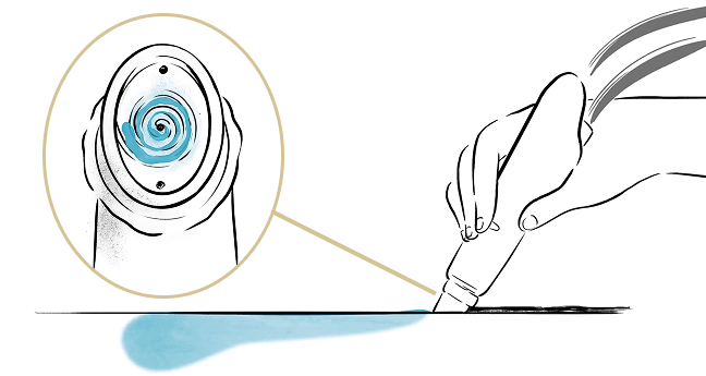 회오리 팁으로 피부 표면 각질을 부드럽게 정리하는 1단계 딥클렌징 과정 설명 이미지