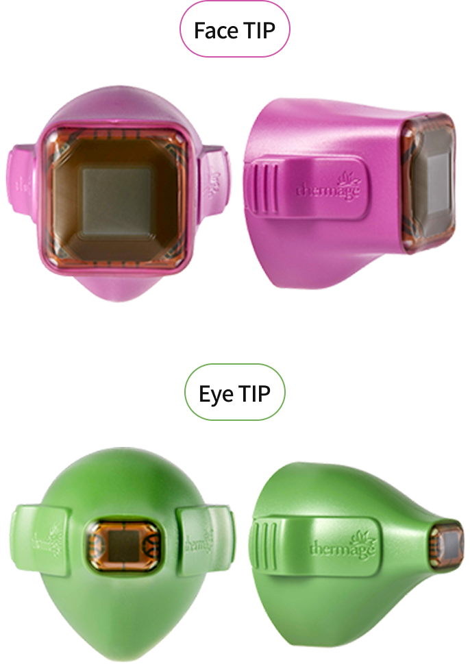 Tip configuration image showing the various shot options of Thermage FLX and the eye tip specifically for the eye area.