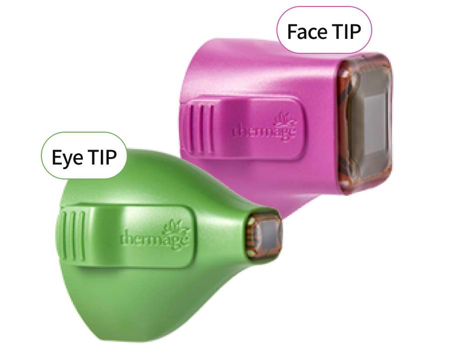 Tip configuration image showing the various shot options of Thermage FLX and the eye tip specifically for the eye area.